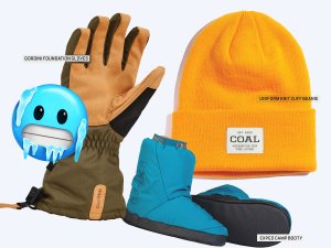 montage of beanie, booty and gloves