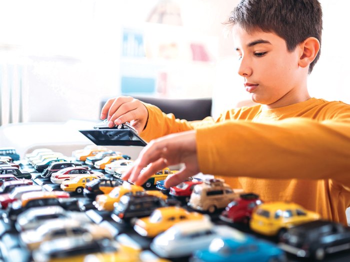 a boy organizes a toy car collection