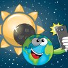 solar eclipse joke image showing earth taking a selfie with the sun and moon