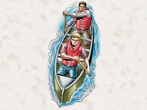 Two Scouts paddling a canoe using correct stroke technique