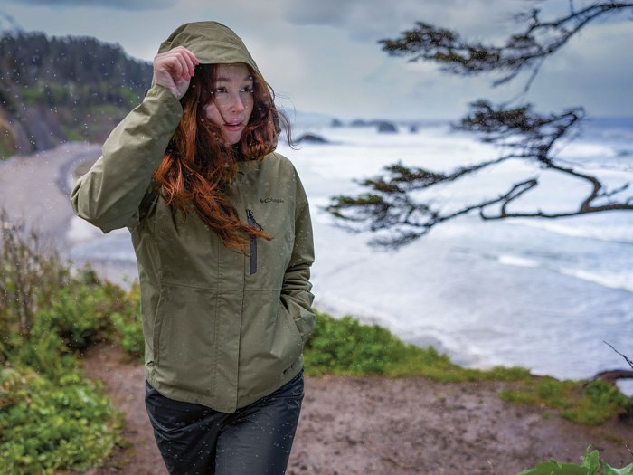 woman wearing a rain jacket